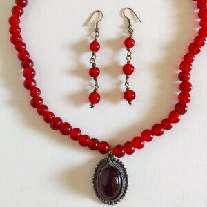 Vintage Red Glass Bead Necklace and Earring Set, Glass Bead Neck piece